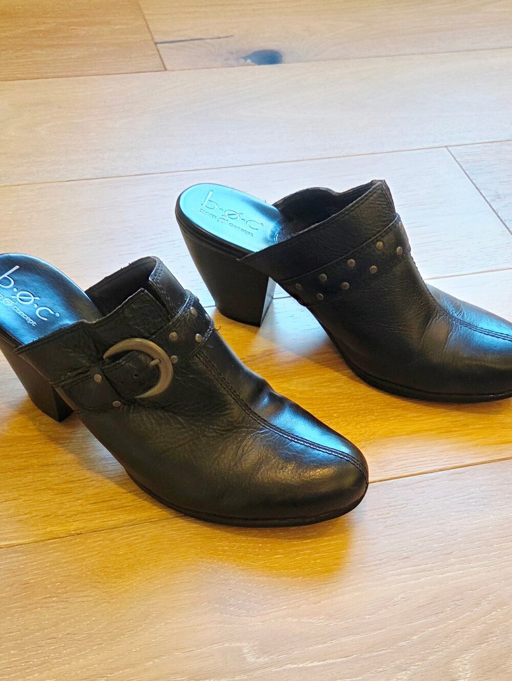 b.o.c. Black Leather Mule Heels with Stud and Buckle Detail
